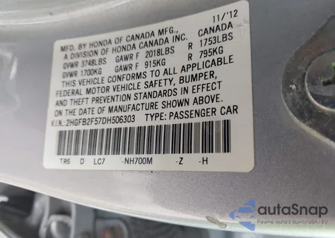 2013 Honda Civic Lx from USA, damaged, VIN 2HGFB2F57DH506303